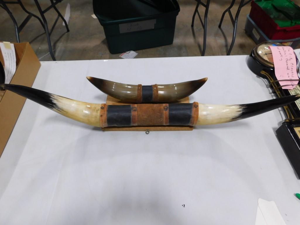 Double Mounted Leather Wrapped Steer or Bull Horns (1 of 6)