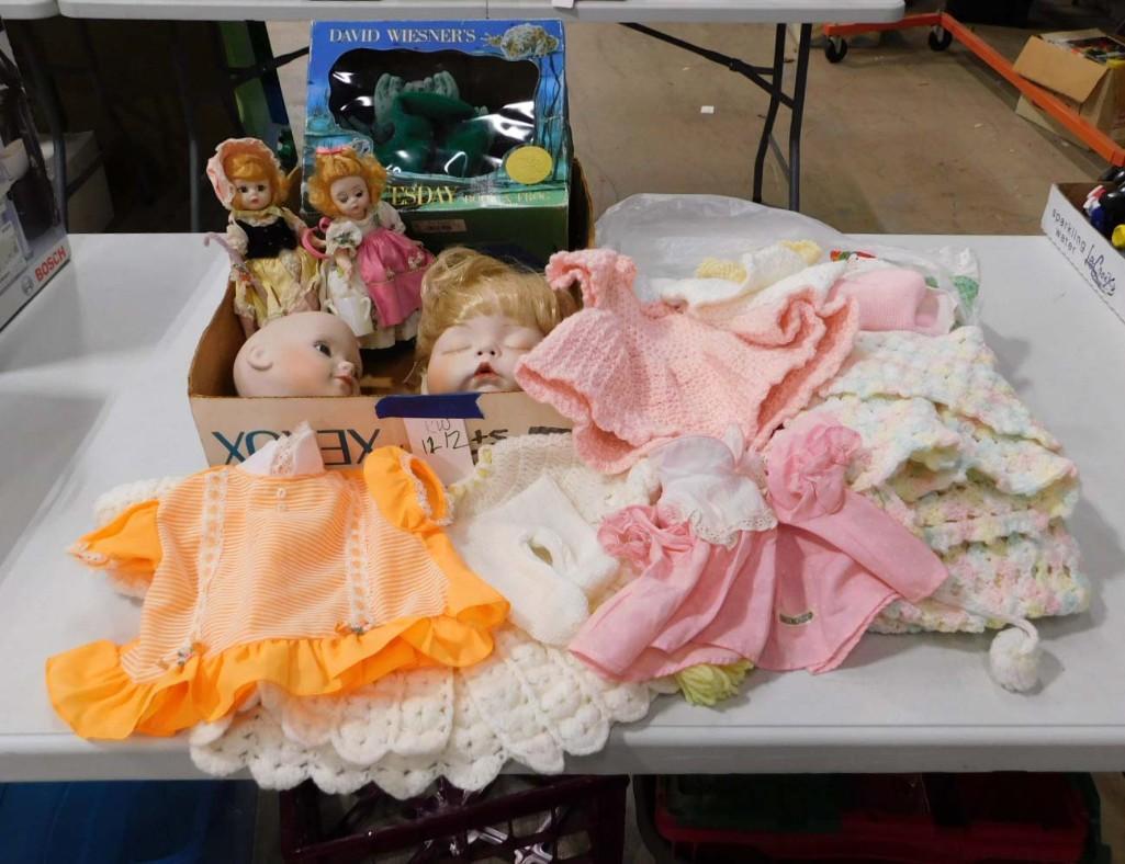 Box of Dolls incl 2 Madame Alexander, David Wiesner, 2 Porcelain Doll Heads, Doll Clothes (1 of 8)