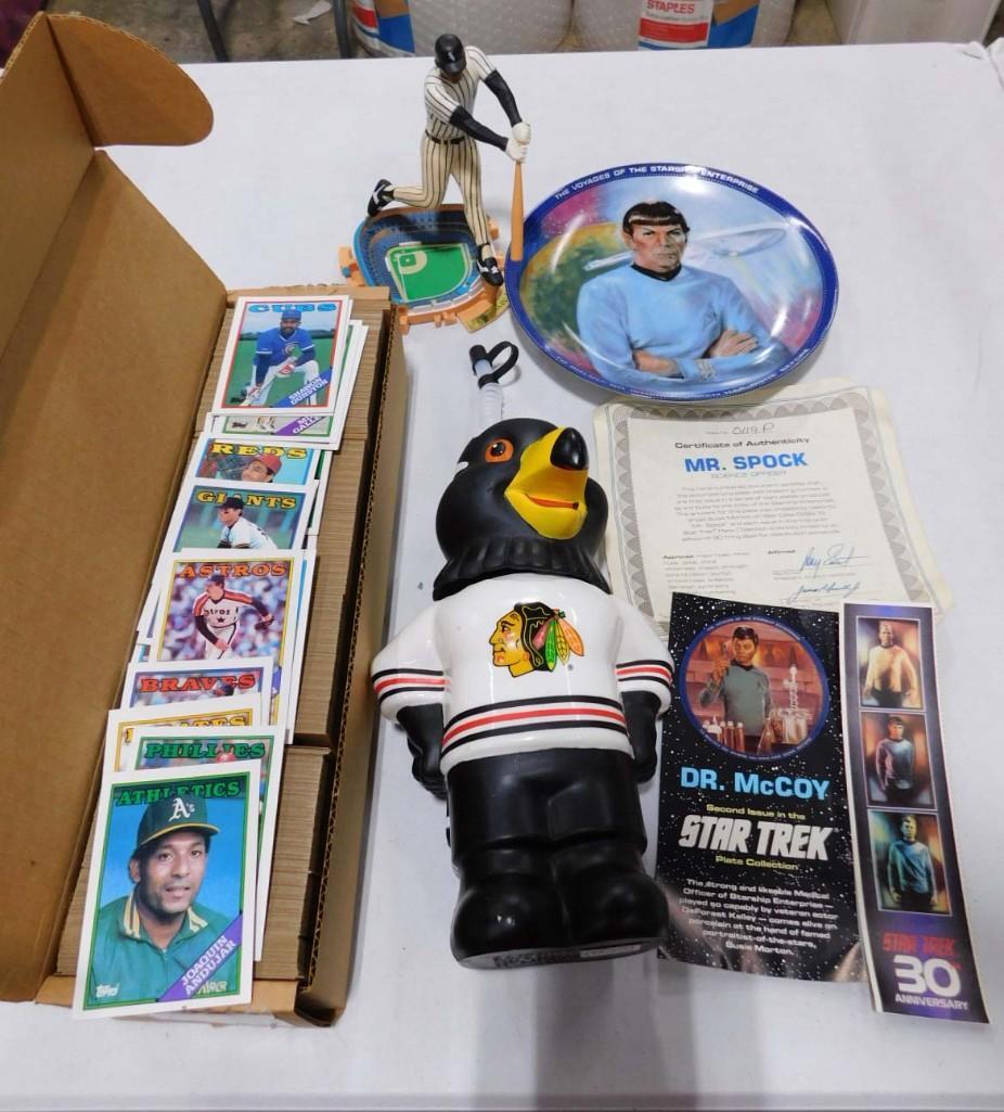 Sports Lot incl Box of 1988 Topps Baseball Cards, Comiskey Park Figure, Mr Spock Plate with COA: Sports Lot incl Box of 1988 Topps Baseball Cards, Comiskey Park Figure, Mr Spock Plate with COA Condition: baseball cards unchecked for completeness