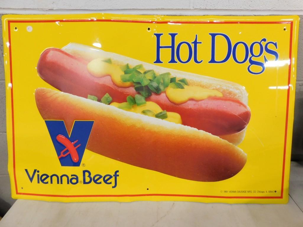 Vienna Hot Dogs Metal Advertising Sign 35"x23": Vienna Hot Dogs Metal Advertising Sign 35"x23" Condition: Bent