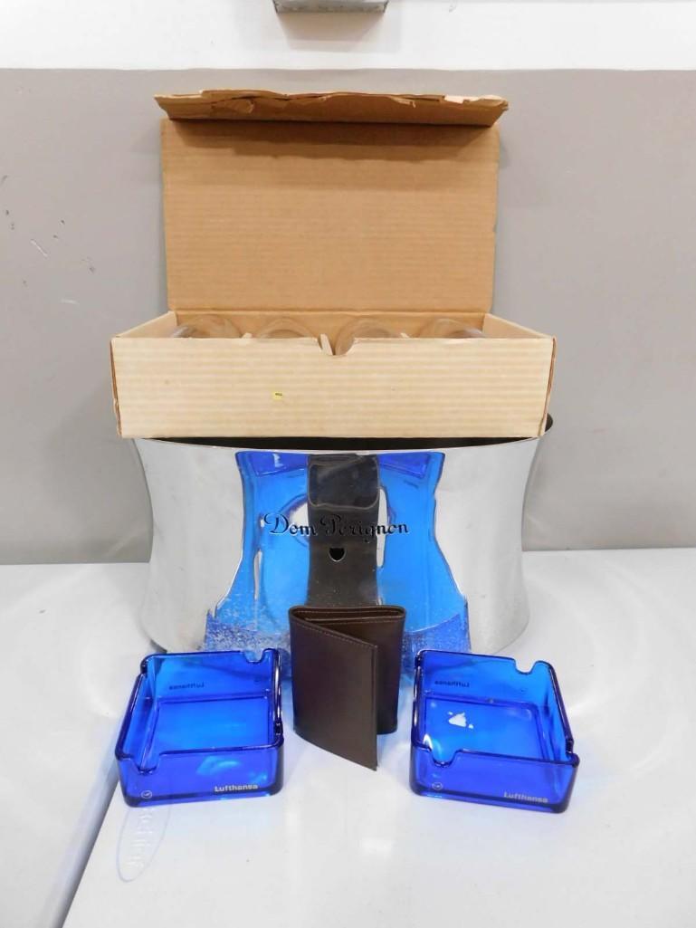 4 Coors Stemware Glasses, Lufthansa Ashtrays, Dom Perignon Champaign Cooler: Bar Lot incl 4 Coors Stemware Glasses, Lufthansa Ashtrays, Dom Perignon Champaign Cooler