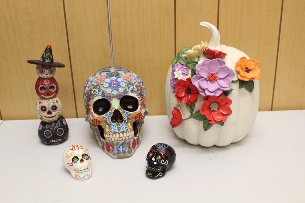 Dia de los Muertos Day of the Dead Halloween Lot: Dia de los Muertos Day of the Dead Halloween Lot including Jim Shore resin pumpkin stack, large YTC Summit floral sugar skull, ceramic skull salt and pepper shakers, white resin pumpkin with flowers
