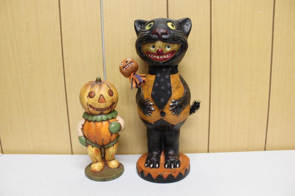 Grinning Goblin or Monster 14" Figure Dressed as Black Cat Holding Pumpkin on Stick: Grinning Goblin or Monster 14" Figure Dressed as Black Cat Holding Pumpkin on a Stick. Has some light age wear/marks. In vintage/retro style. 8.5" Pumpkin Man Smiling Figure, vintage/restro st