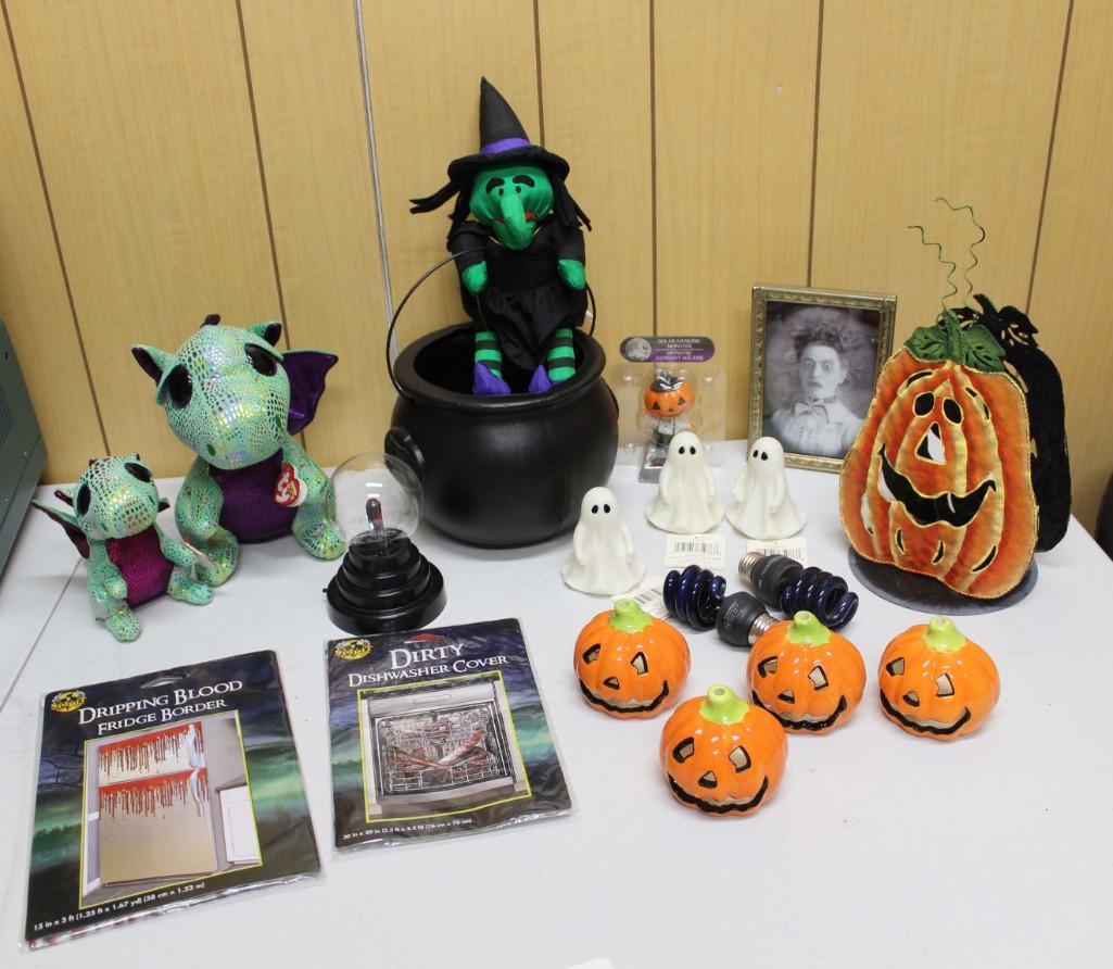 Halloween Decor Lot incl 2 Ty Boo Dragon Beanies, 4 Ceramic Pumpkin Candle Holders, 3 Ghost Lights: Halloween Decor Lot incl 2 Ty Boo Dragon Beanies, 4 Ceramic Pumpkin Candle Holders, 3 Ghost Lights, dishwasher and door covers, electrical ball, witch, cauldron, picture, black lights