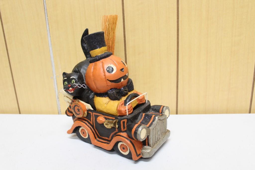 Bethany Lowe Halloween Joy Ride Pumpkin Driving Car with Black Cat Paper Mache/Resin Figure: Bethany Lowe Halloween Joy Ride Pumpkin Driving Car with Black Cat Paper Mache/Resin Figure approx 7.5"x7"