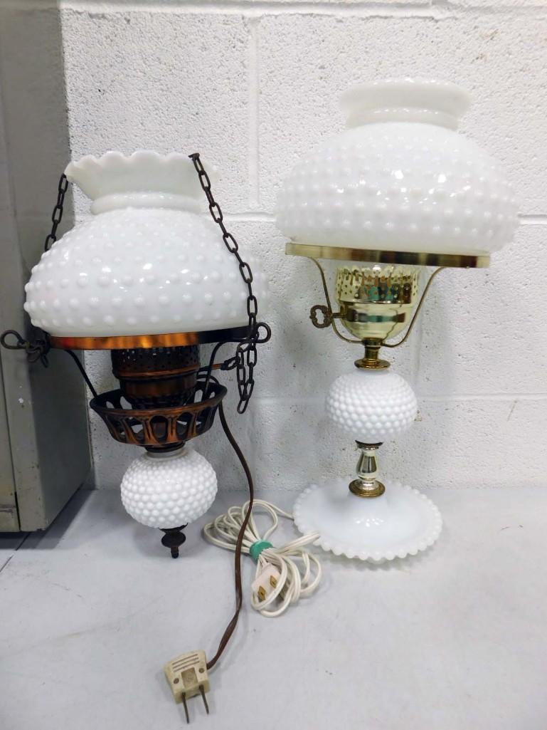 2 Vintage Hobnail Milk Glass Lamps incl a Swag Lamp and a Table Lamp: 2 Vintage Hobnail Milk Glass Lamps incl a Swag or Hanging Lamp and a Table Lamp