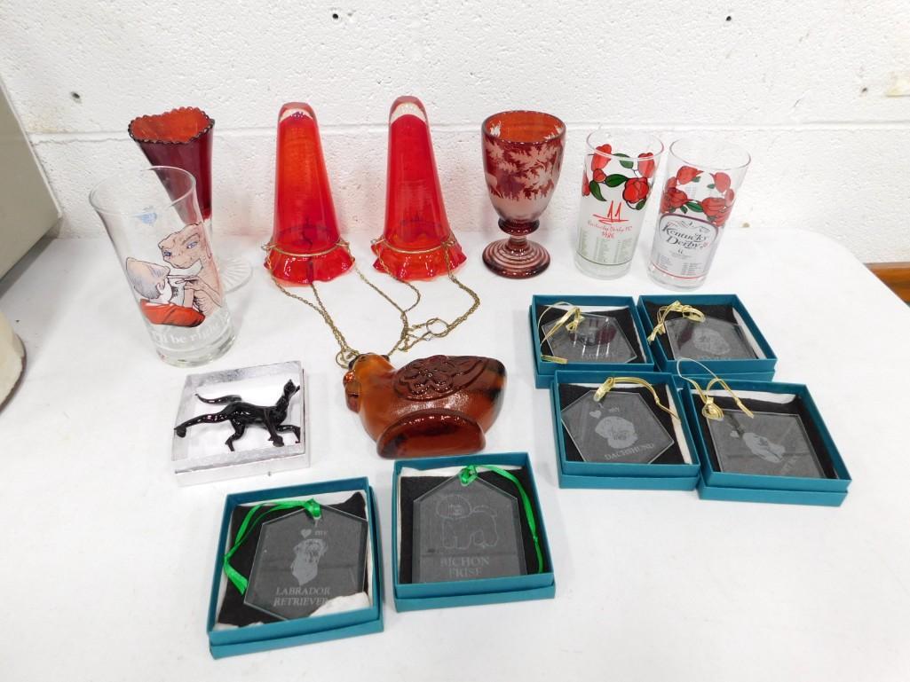 Collectibles Lot incl Dog Breed Christmas Ornaments, Cut to Clear Glass Goblet, ET Drinking Glass,: Collectibles Lot incl Dog Breed Christmas Ornaments, Cut to Clear Glass Goblet, ET Drinking Glass, Kentucky Derby Drinking Glasses, Red Hanging Vases, Small Art Glass Horse, etc