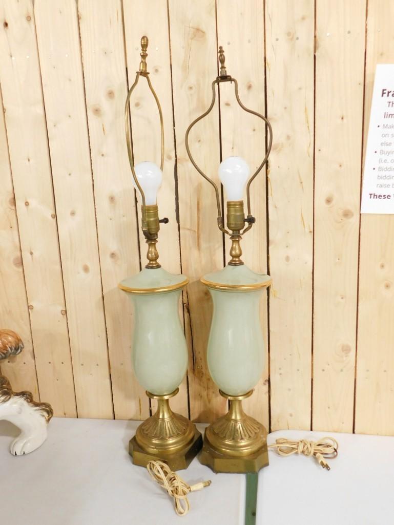 Pair of Vintage Lamps: Pair of Vintage Lamps . Light green with gold colored accents . They measure approx 32" tall