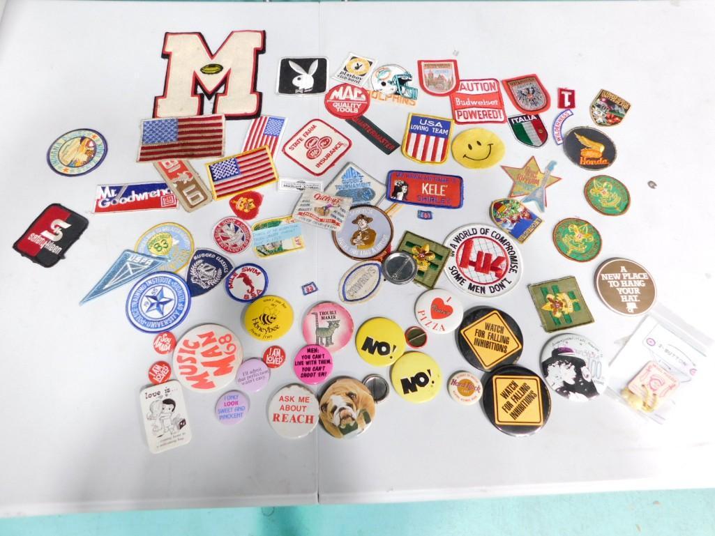 Lot of Vintage Patches and Pins incl Playboy, Budweiser, Humor, Boy Scouts,: Lot of Vintage Patches and Pins incl Playboy, Budweiser, Humor, Boy Scouts, Tourist, etc