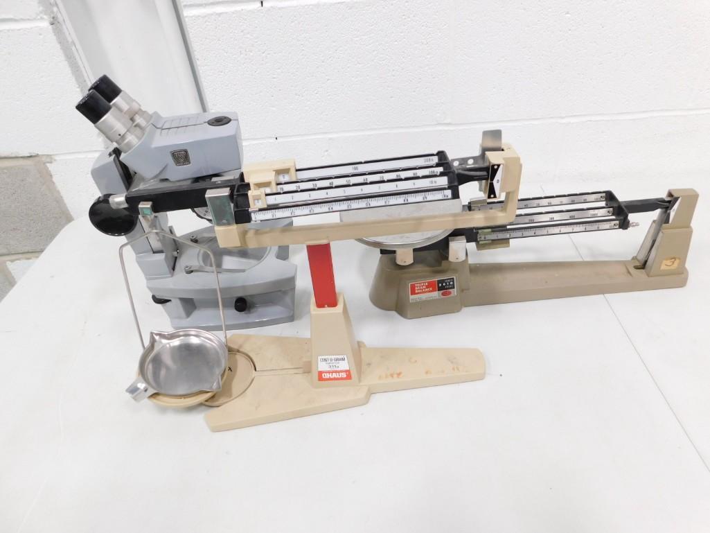 2 Ohaus Triple Beam Balance Scales and a Spencer Microscope (1 of 5)