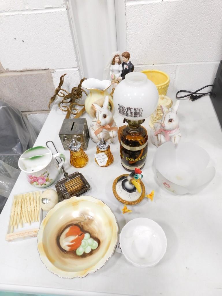 Collectibles Lot incl Haeger Pottery Planter, Lefton Bride and Groom Figure, Oil Lamp Filled with Ma: Collectibles Lot incl Haeger Pottery Planter, Lefton Bride and Groom Figure, Oil Lamp Filled with Marbles, metal coin bank, Shaving Mug, etc