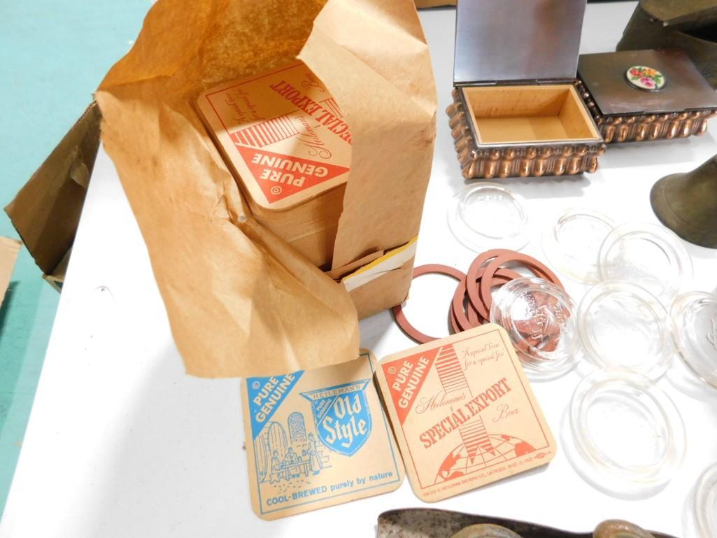 Collectibles incl Special Export Coasters, Wood Print Block, Royal Copenhagen Vase, Cast Iron Item,: Collectibles incl Special Export Coasters, Wood Print Block, Royal Copenhagen Vase, Cast Iron Item, Vintage Tins, Vintage Flashlights, etc