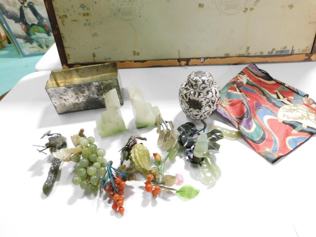 Carved Stone Bookends, Glass Fruit, Ginger Jar: Collectibles incl Carved Stone Bookends, Glass Fruit, Vintage Ginger Jar, Glass Leaves