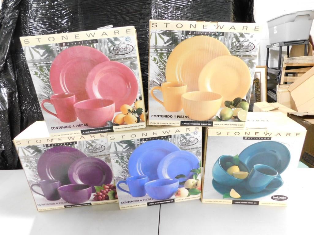 5 New in Box Barcelona Stoneware 4 pc Dinnerware Sets: 5 New in Box Barcelona Stoneware 4 pc Dinnerware Sets. Includes Blue, Purple, Yellow, Green, Red. Each includes 1 Dinner plate, 1 small plate, 1 cup, 1 bowl.