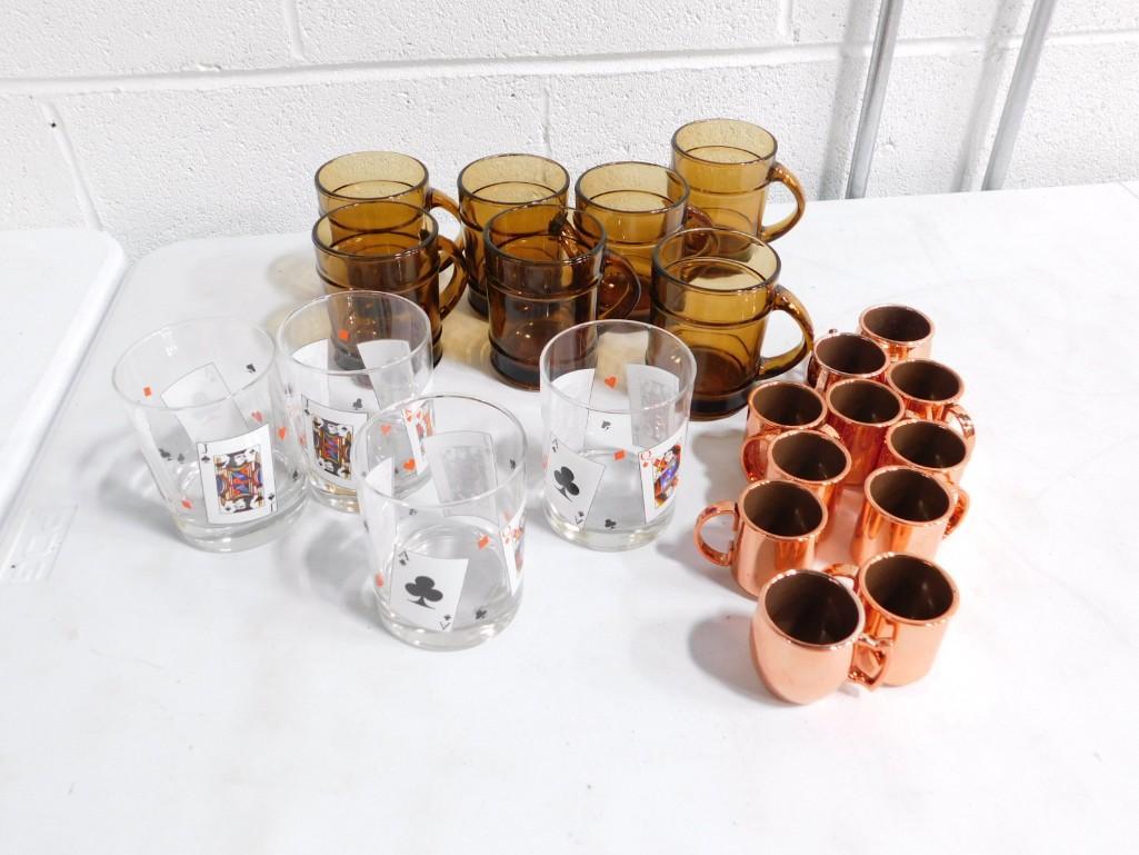 Lot of Bar Glasses incl Playing Card Rocks Glasses, Plastic Copper Colored Shot Glass Mugs, etc: Lot of Bar Glasses incl Playing Card Rocks Glasses, 11 Plastic Copper Colored Shot Glass Mugs, etc