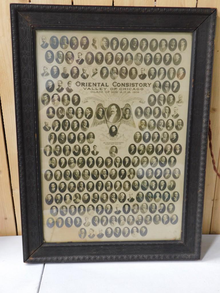 Framed "Oriental Consistory Valley of Chicago Class of 1909": Antique Framed "Oriental Consistory Valley of Chicago Class of 1909" . Related to the Freemasons. Likely many notable Illinois figures