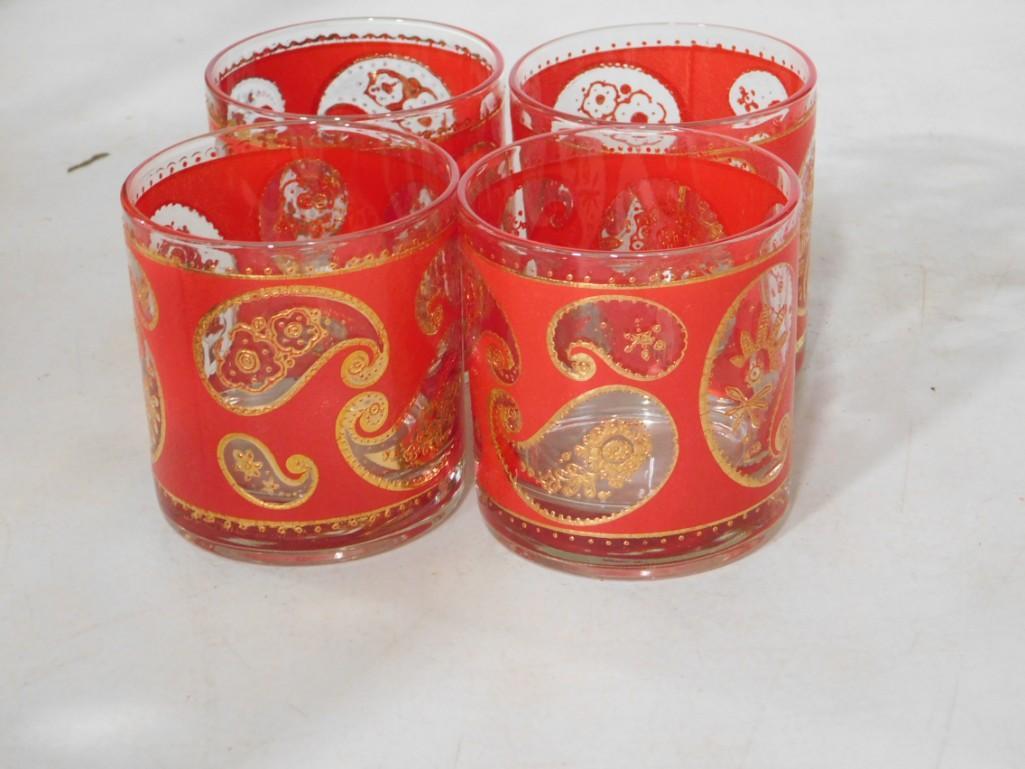 Vintage Mid-Century Culver Set of 4 Red 22kt Gold Paisley Lowball Whiskey Glasses MCM Barware (1 of 2)