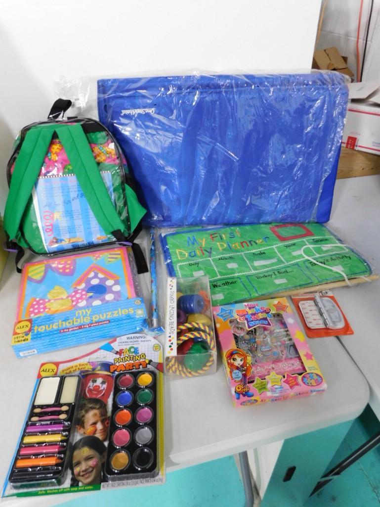 Large Lot of Children's Items Appears New incl Backpack with Sleeping Bag: Large Lot of Children's Items Appears New incl Backpack with Sleeping Bag, Face painting Kit, One Step Ahead Folding Toy box