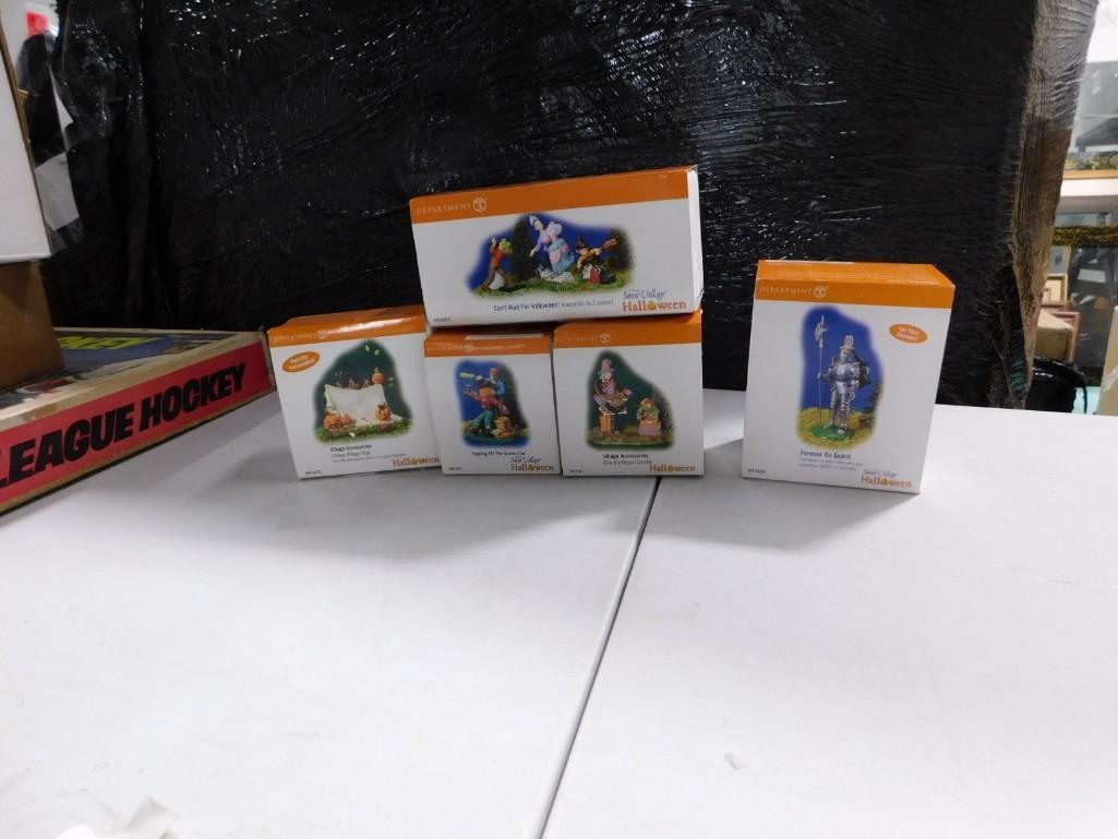5 Dept 56 Halloween Accessories incl Creepy Village Sign, Topping Off the Scarecrow, Ghastly Organ G: 5 Department 56 Halloween Accessories incl Creepy Village Sign, Topping Off the Scarecrow, Ghastly Organ Grinder, Forever on Guard, Can't Wait for Halloween with Original Boxes