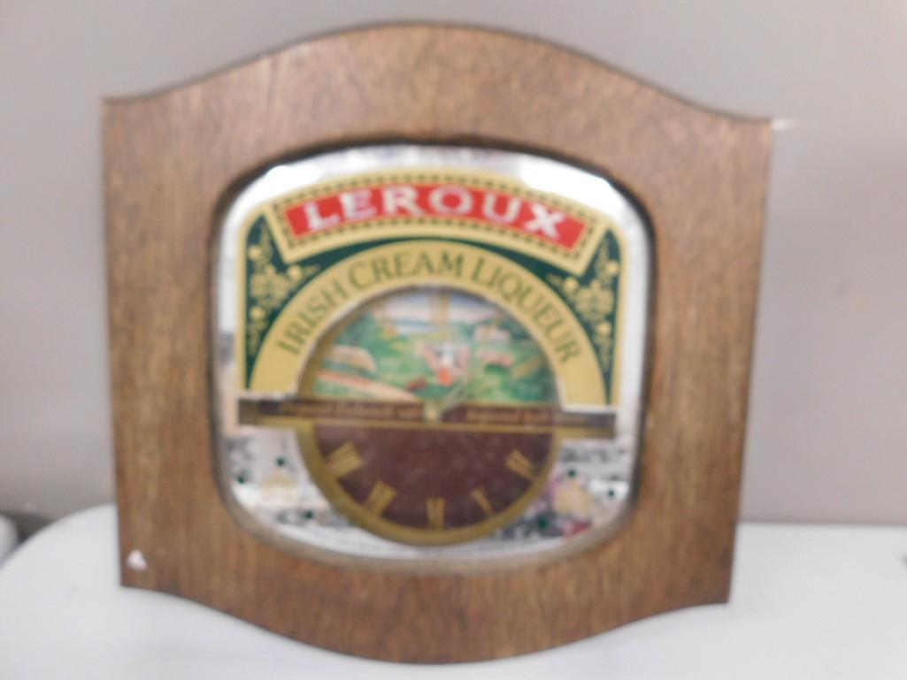 Leroux Irish Cream Liqueur Advertising Clock: Leroux Irish Cream Liqueur Advertising Clock made of wood. Measures about 18"x18". Condition: untested, needs a battery