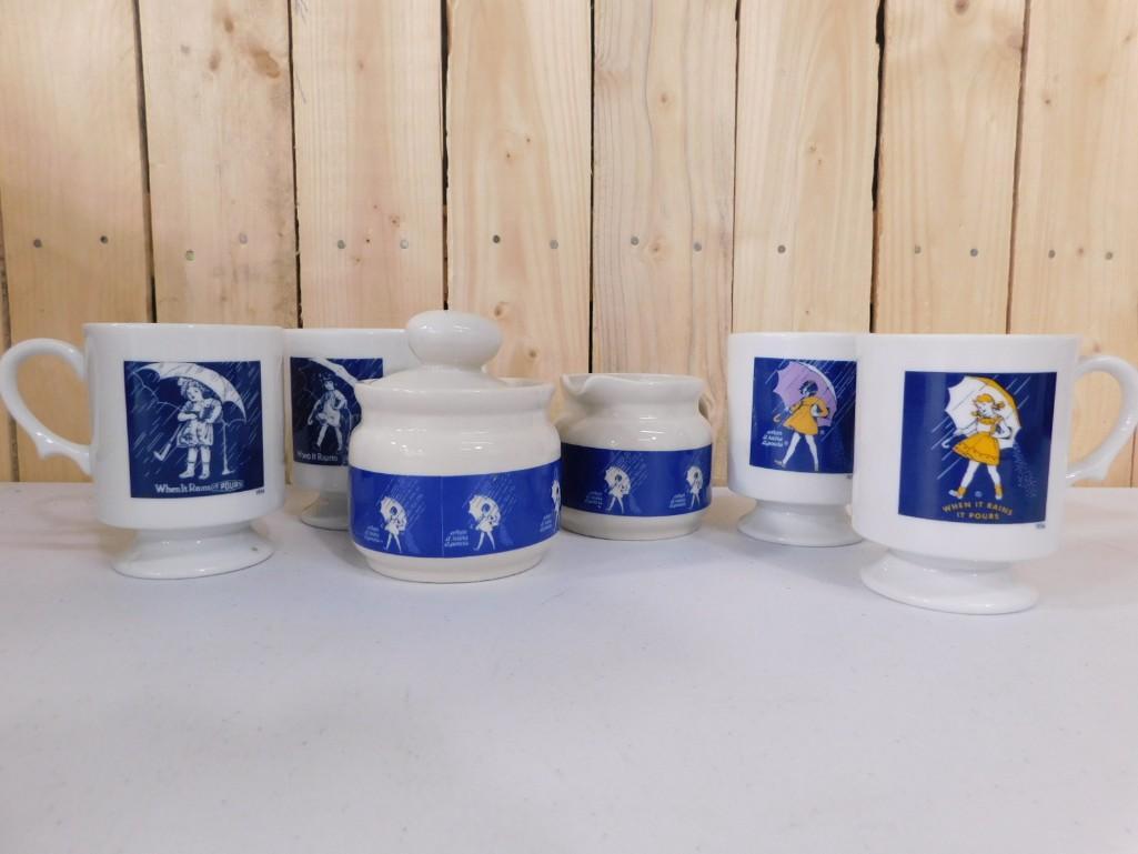Morton Salt Collectibles incl Creamer and Sugar Bowl and 4 Mugs: Morton Salt Collectibles incl Creamer and Sugar Bowl and 4 Mugs