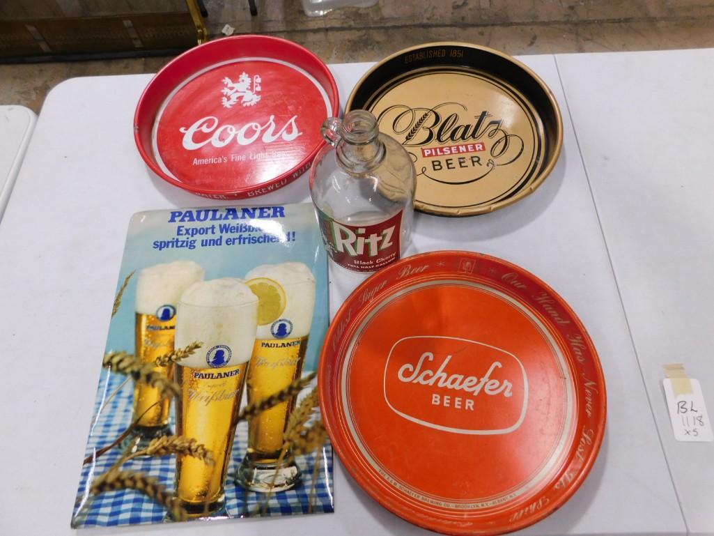 Bar Lot incl 3 Bar Trays incl Shaefer Beer, Blatz Pilsener, Coors, Paulaner Beer Sign, Ritz Black Ch (1 of 6)