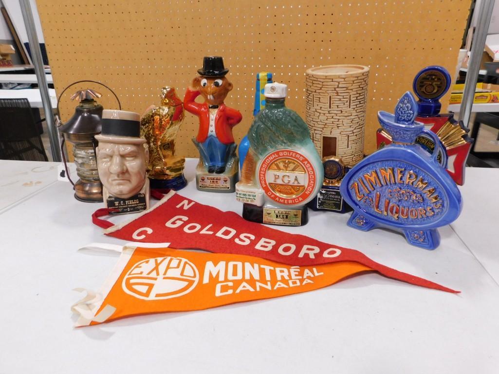 Lot of Decanters incl Jim Beam, Beaver Valley Jim Beam Club, Ezra Brooks, WC Fields, (1 of 6)