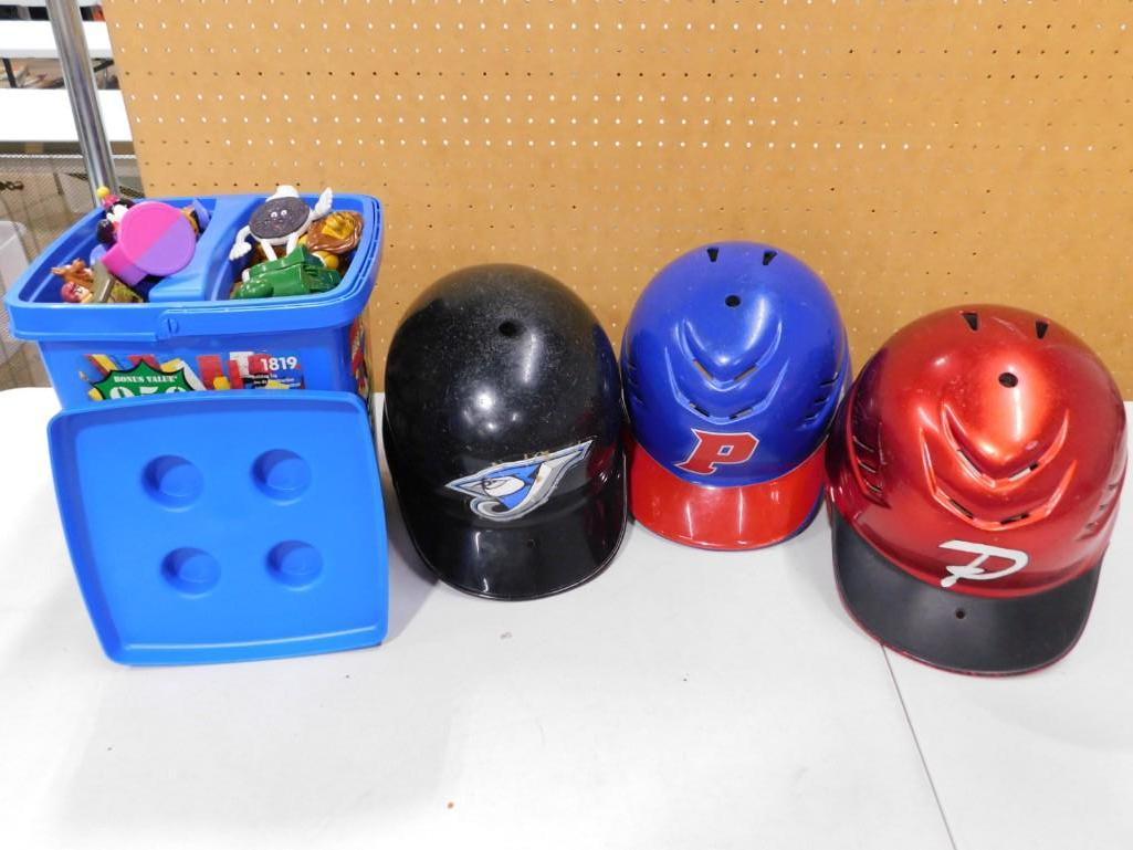 Lot of Small Toys and 3 Kids Baseball Helmets (1 of 7)