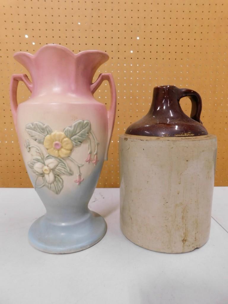 Large Hull Pottery 2 Handle Vase and a Stoneware Jug: Large Hull Pottery 2 Handle Vase and a Stoneware Jug Condition: jug has a chip on the base