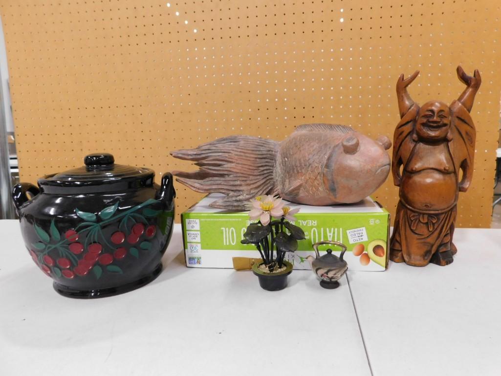 Home Decor Lot incl Carved Wood Fish, Carved Wood Buddha, Oriental Jade Tree, Stoneware Bean Pot (1 of 8)
