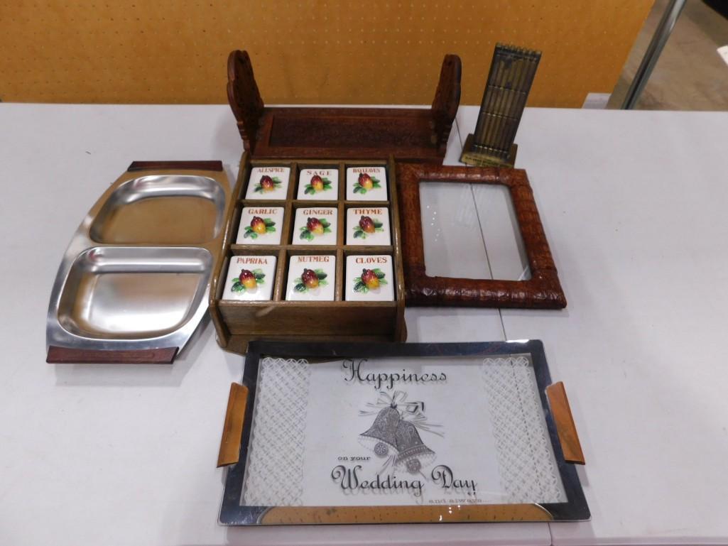 Misc Lot incl Vintage Spice Rack, Glass Tray, Carved Wood Small Shelf, Metal Tray, (1 of 7)