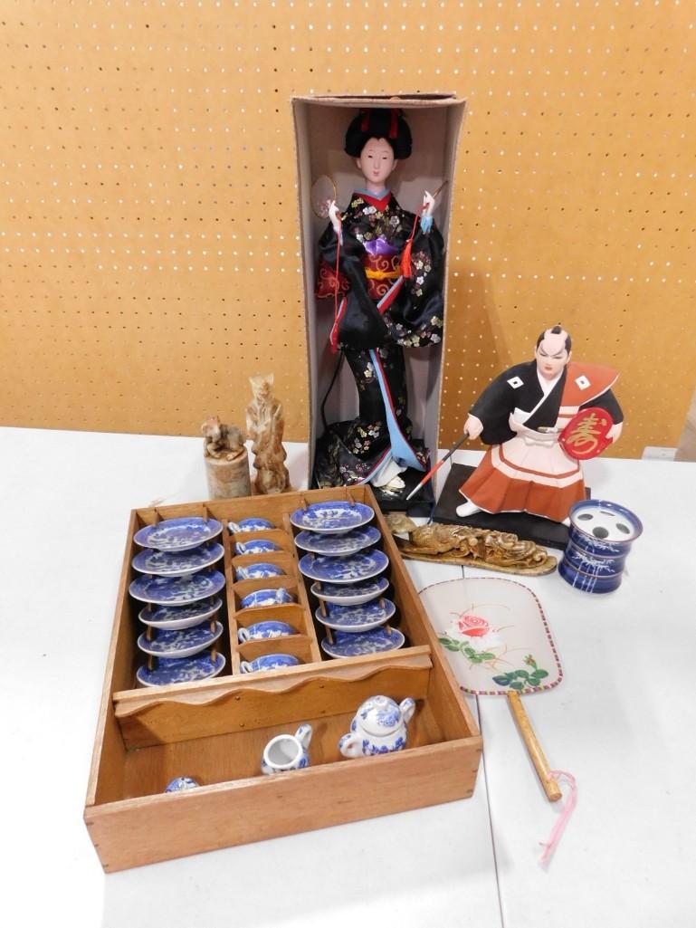 Asian Style Decor incl Doll, Figurine, Tea Cups, Carved Stone Figurines, etc (1 of 5)