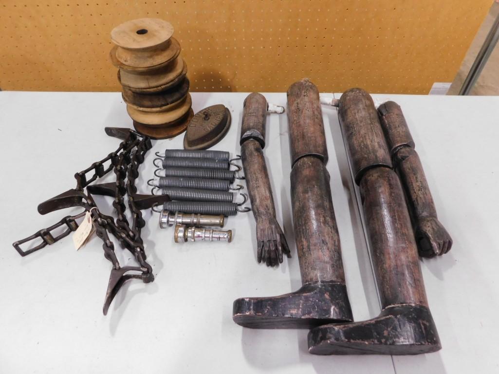 Antique Wood Pulley Wheels, Antique Chain, Springs, Sad Iron, Wood Arms and Legs (1 of 5)