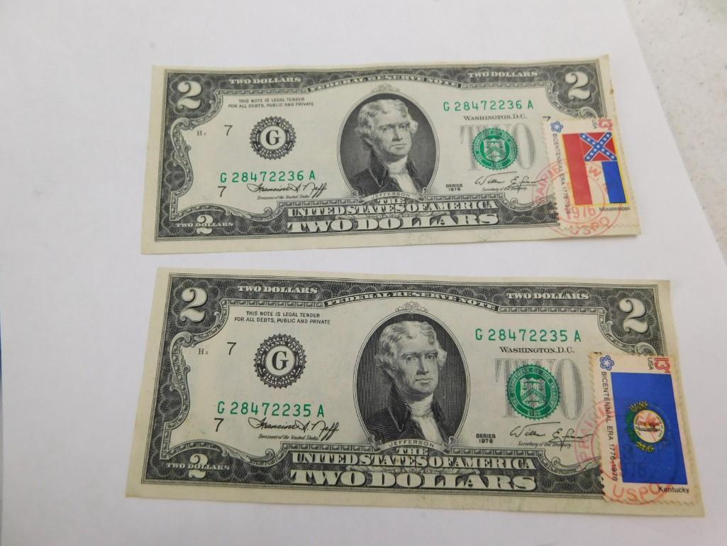 Lot of 2 Sequential Bicentennial $2 bills with Cancelled Stamps (1 of 4)