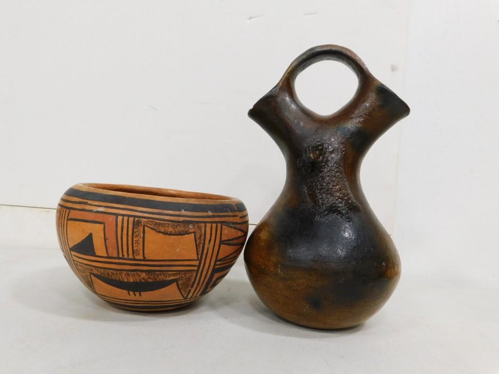 2 Native American Pottery Items incl Betty Manygoats Signed Wedding Vase and Hopi Red and Black Pot (1 of 4)