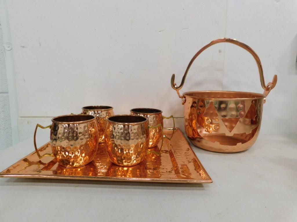 Hammered Copper  Jack o Lantern Bucket, Tray, 4 Cups (1 of 4)