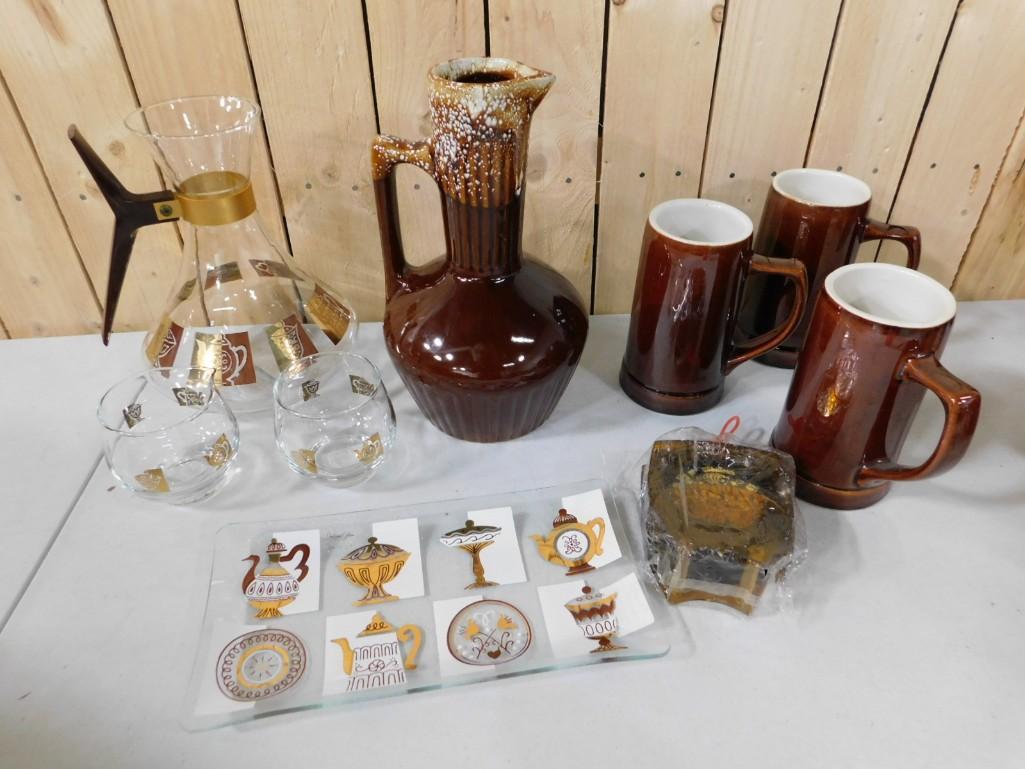 Glassware incl Carafes, Tumblers, Hull Mugs: Glassware incl Carafes, Tumblers, Hull Mugs - includes Mid Century Modern Inland Glass Tray, Monmouth Pottery with drip glaze, etc.
