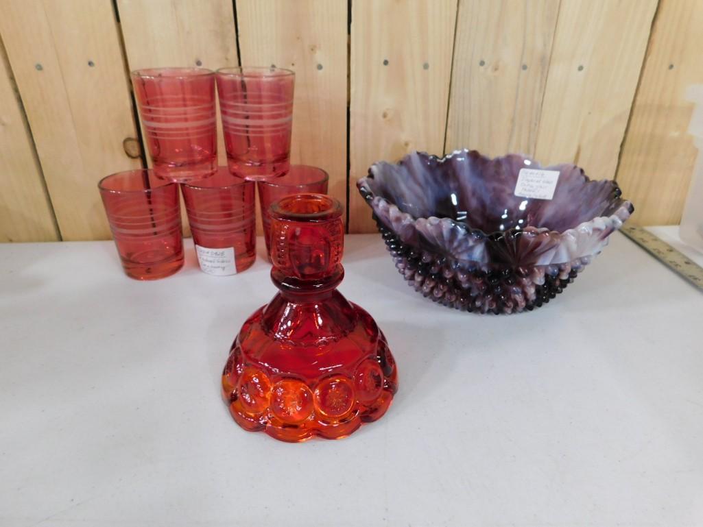 Slag Glass Bowl, Candle Holder, Cranberry Glass Shot Glasses (1 of 9)