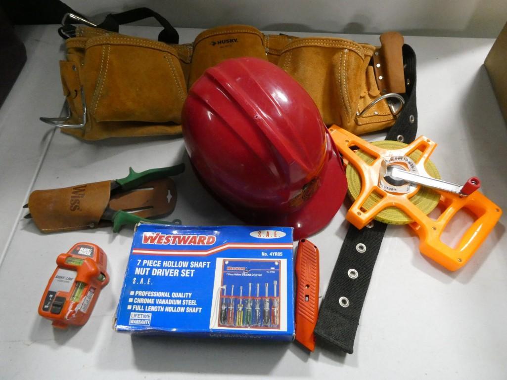 Tool Lot including Husky Tool Belt, Helmet,  100 ft tape measure (1 of 5)