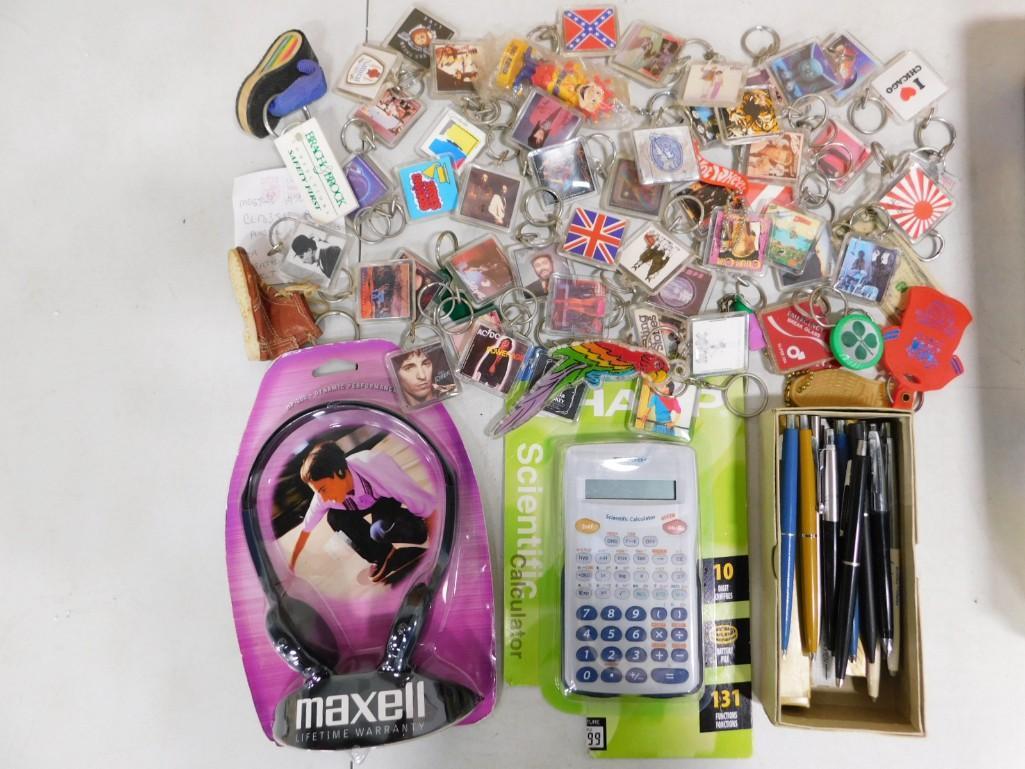 Lot of Smalls incl Pens, Headphones, Calculator, Keychains: Lot of Smalls incl Pens, New in Package Headphones, New in Package Calculator, Collection of Key chains