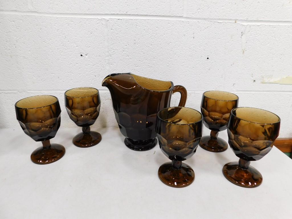 MCM Viking Georgian Glass Pitcher Chestnut Color with 5 Water Goblets (1 of 5)