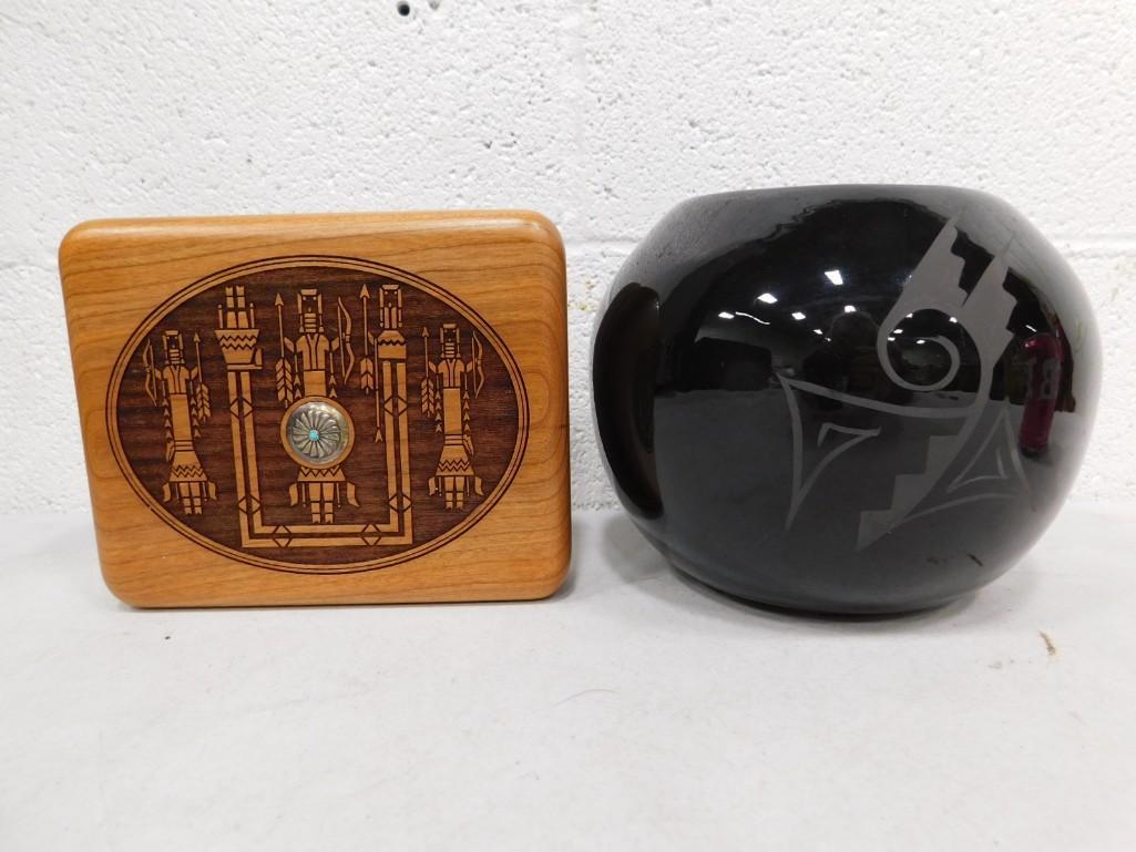 Black on Black Vesa Cedar Mesa and Carved Jewelry Music Box with Sterling Silver Emblem: Black on Black Vesa Cedar Mesa - signed and Carved Jewelry Music Box with Sterling Silver Emblem