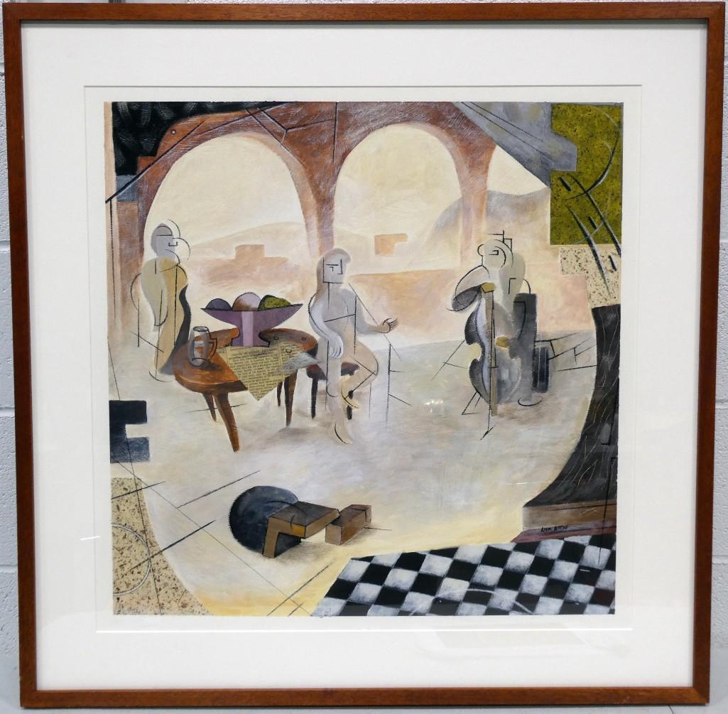 Rubin Kaiser "Untitled" Painting on Paper with Newspaper Collage 32 3/4"x32 3/4": Rubin Kaiser "Untitled" Painting on Paper with Newspaper Collage 32 3/4"x32 3/4" Mixed Media