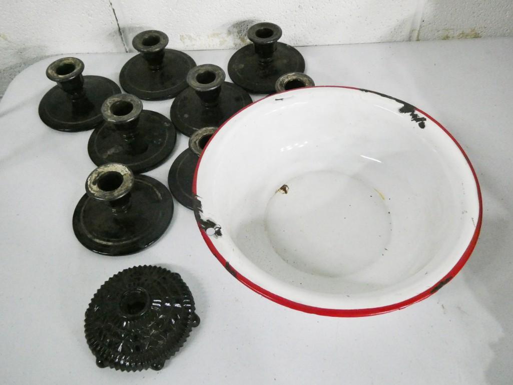 Lot of Black Milk Glass or Amethyst Glass and an Enamelware Basin (1 of 5)