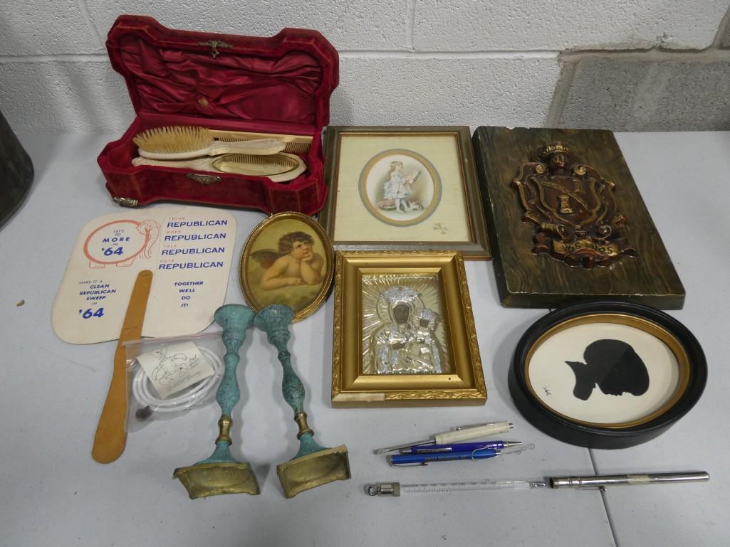 Vintage Smalls lot including Old Brush and Mirror Set, Old Pictures, etc.: Vintage Smalls lot including Old Brush and Mirror Set, Old Pictures, etc.