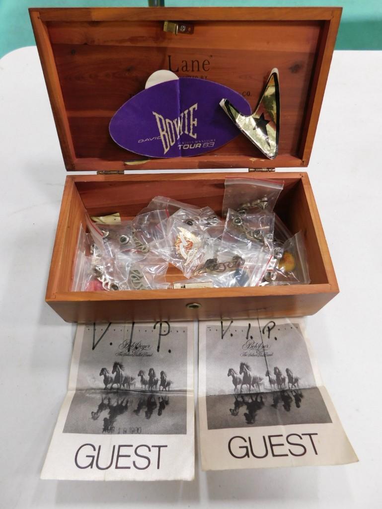 Lot of misc. Music smalls including Poison pins, David Bowie Tour Sticker, Bob Segar VIP Guest sheet (1 of 7)