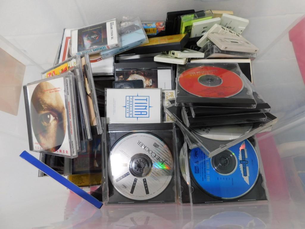 Large Bin of CDs and Cassettes incl Doobie Brothers, The Beatles, The Beach Boys, Billy Squire, (1 of 3)