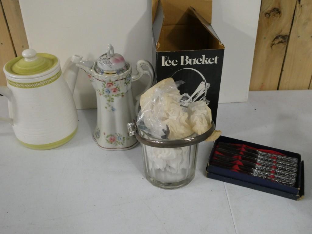 Silver Plate and Crystal Ice Bucket, Stainless Steel Butter Knives, Franciscan Earth Ware Pitcher (1 of 9)