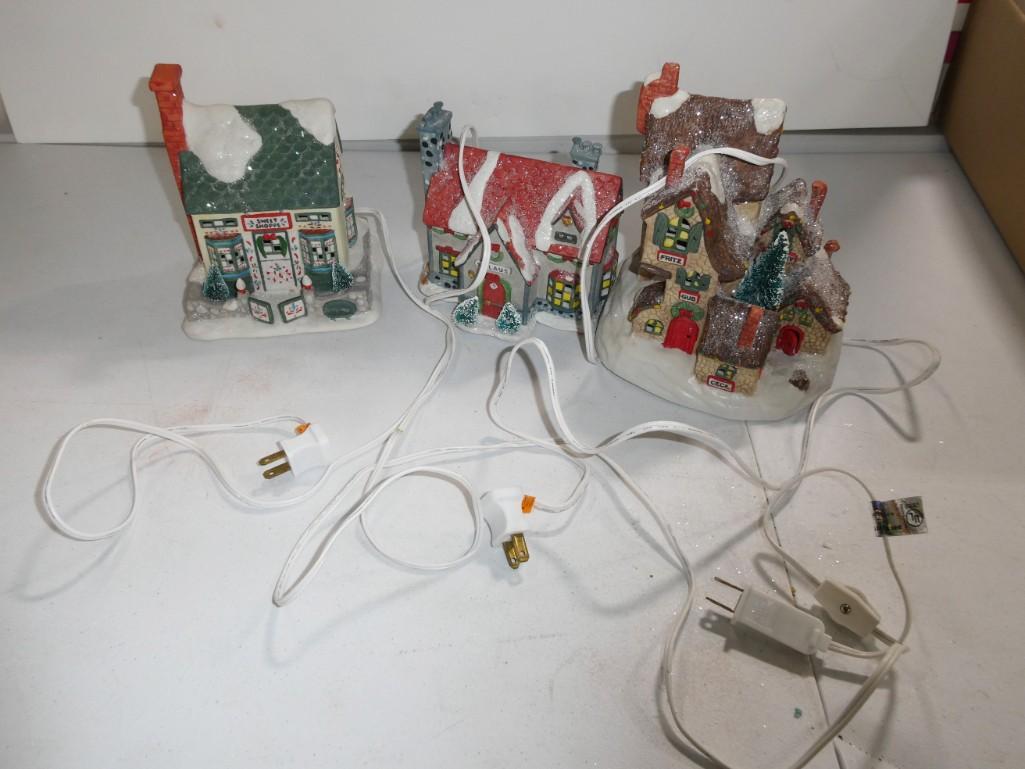 3 Ceramic Christmas Village Buildings with Lights: 3 Ceramic Christmas Village Buildings with Lights