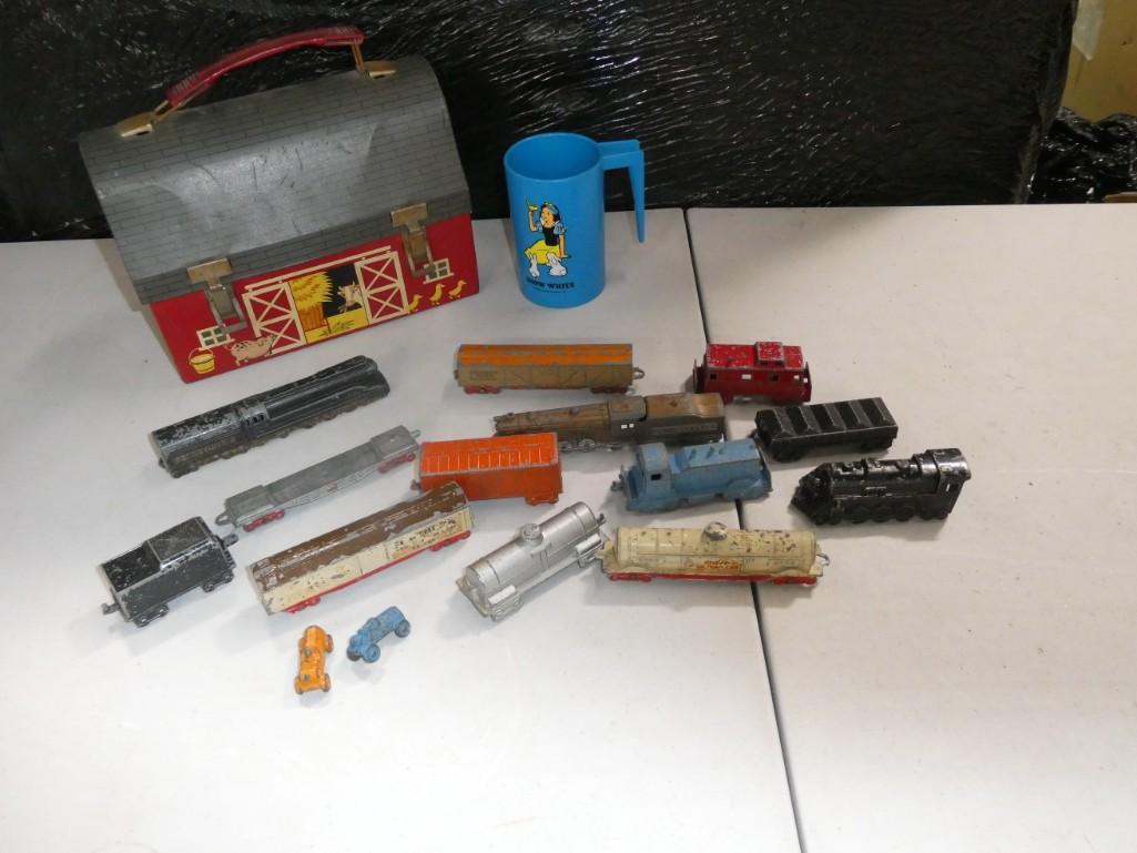 Lot of Vintage Metal Toy Trains incl Midgetoy, Vintage Metal Barn Lunchbox, Snow White Mug (1 of 5)